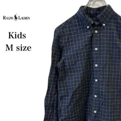 ラルフローレン　長袖　チェックシャツ　キッズ　M ネイビー　ワンポイント　ロゴ