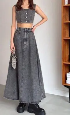 GRL デニムビスチェ×フレアスカートセットアップ tu823
