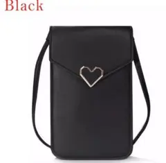 (在庫処分)ブラックスマホショルダーバッグ ハート型金具付き 長さ調整可能