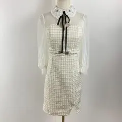 美品 Tika ティカ ツイード タイトミニドレス ネックリボン ビジュー 襟付