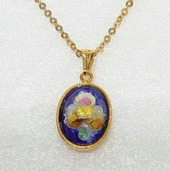 七宝焼 ネックレス オーバル ペンダント 花柄 ゴールドカラー レトロ