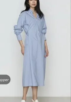 コットンポプリンストライプ シャツワンピース　コムサ　トップグレー