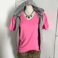 ワンポイント刺繍 髑髏 Vネック ピンク y2k 平成 00s サーフ系