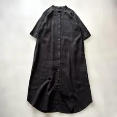 【美品】human woman ハードマンリネン ワンピース　 バンドカラー 黒のサムネイル