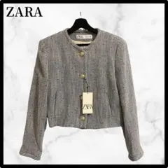 ザラ　ZARA ヘリンボーン ノーカラージャケット L 上品　オフィスカジュアル
