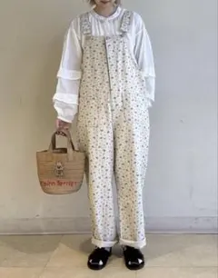 Samansa Mos2 デニム/花柄アソートサロペットパンツ