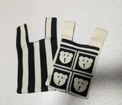 ❤くま＆ボーダー柄　ニットエコバッグ　2個セット　　　❤人気柄