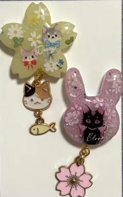 ねこ2点set♡チャーム付き♡レジンヘアゴムブローチ