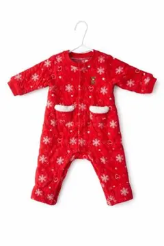 人気カラー♡ミキハウス ロンパース 80 赤 クマ刺繍 雪柄 ボアポケット