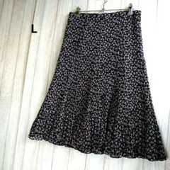 L ダークネイビー小花柄 プリーツ スカート ウエスト半ゴム 裏地付き