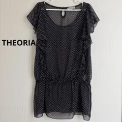 【THEORIA】半袖チュニック　フリル袖　シースルー　ドット柄　紺色　Mサイズのサムネイル