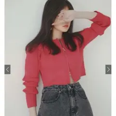 GRL ダブルジップショート丈ニットトップス　長袖　レッド　リブ　カーディガン