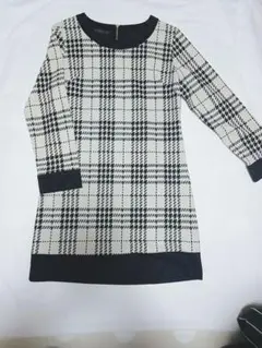 未使用に近い 千鳥格子 チェック柄 長袖 ひざ丈ワンピース ベージュ、ブラック