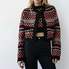 ZARA ザラ ニットカーディガン カーディガン マルチカラー ブラック 総柄