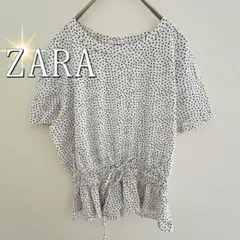 ZARA ザラ　ウエストリボンドット柄半袖カットソー（M）白のサムネイル