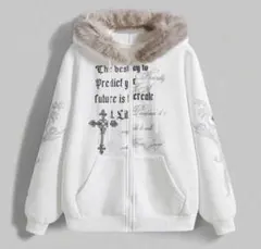 y2k グラフィックプリント　ジップパーカー　ホワイト M