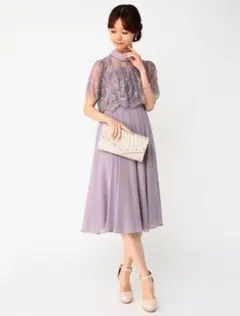 ロールカラーネック レース袖付きドレス新品未使用ライトパープル