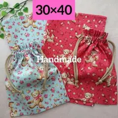 S072☆匿名配送 くま花 ランチョンマット30×40&巾着袋 給食2セット