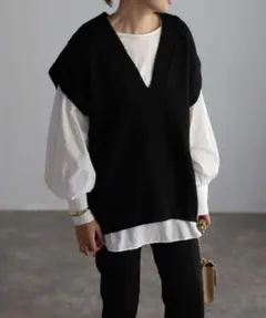 BONJOUR SAGAN ディープVネックニットベスト　ブラック