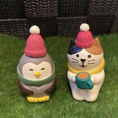 デコレ コンコンブル ペンギン 猫 冬 置物 2点セット