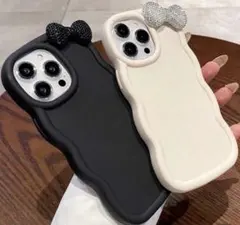 スマホケース　かわいいリボン装飾付き　 iPhone 16 ブラック