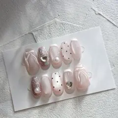 ネイルチップ　マグネット　ベビーピンク　ドット　リボン　フラッシュ　オーダー