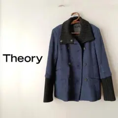 美品 Theory セオリー ウール混 ダブル ピーコート ネイビー チェック