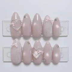 【現品】ネイルチップ 韓国風 マグネット シンプル ハート リボン ピンクレース