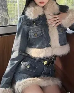 SHEIN ファーデニム ファージャケット セットアップ