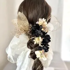紫陽花とミニリボンの髪飾り　金箔　水引付き　結婚式　卒業式　袴　黒