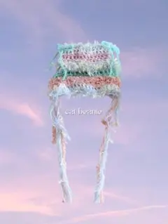 ハンドメイド　キャットビーニー 猫耳ニット帽　ミントグリーン ピンク