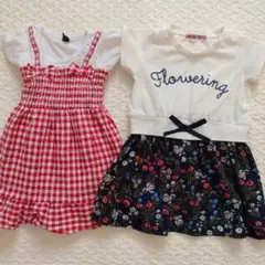 【2点セット】ベビー　ワンピース　花柄　ギンガムチェック　90　半袖　レイヤード