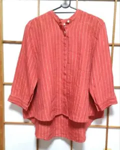 無印良品　リネン　洗いざらし　ブラウス ストライプ　スタンドカラー 　七分丈