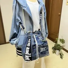デニムリメイクバック　トートバッグ　巾着　ショルダー　斜め掛け　ハンドメイド