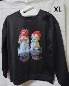 クリスマス　雪だるまプリント ブラック スエットシャツ