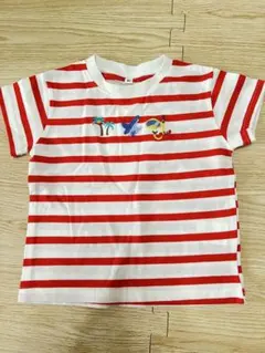 赤と白ストライプ 刺繍Tシャツ　90