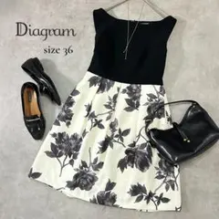 Diagram 花柄フレアワンピース モノトーン 36 S相当 上品 高見え