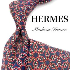 HERMES エルメス ネクタイ ネイビー 総柄 チェーン柄 フランス 紺 赤