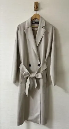 【美品】ZARAフェイクスエードロングコートベージュ XSベルト付ガウンコート