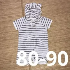 ジェラートピケ　ストライプ クマ耳フード付　ロンパース 80-90 ふわふわ半袖