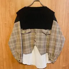 切り替えドッキングシャツ　ラウンドネックセーター　チェックシャツ　韓国コーデ　F
