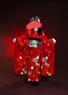 赤い花柄の振袖フルセットプロフ必須1点物