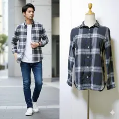 ニコアンド チェックシャツ 長袖 Mサイズ モノトーン カジュアル 秋冬コーデ