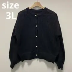 3L メッシュ編み ニット パールボタン カーディガン長袖 羽織り ブラック