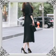 ロングワンピース プリーツ ワンピース マキシ丈 シフォン ドレス 黒ブラックM