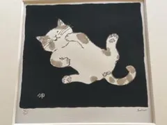 長島伸夫 版画 猫 額装 95/300 直筆サイン入り 絵画 題名「ひるね」