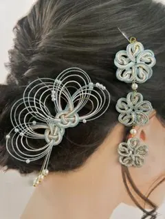 《セットでお得》和装　髪飾り　かんざし　ヘアピン　ライトブルー（ラメ）×ゴールド