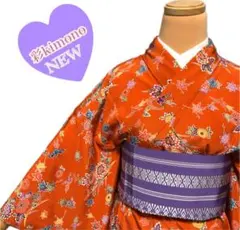 《5K36》洗える着物 小紋 袷 化繊 オレンジ 対象身長～161㎝ 送料無料