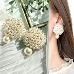 つぶつぶパールカボション×コットンパール ピアス　イヤリング