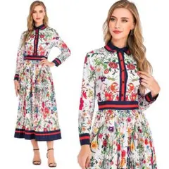 （新作）花柄プリーツ 袖付きワンピース ロング おしゃれ （M）